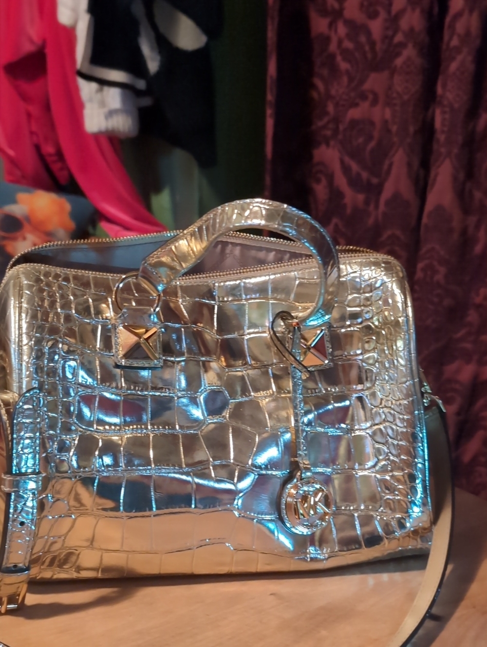Michael Kors Metallic Gold Croc-Embossed Leather Crossbody Bag